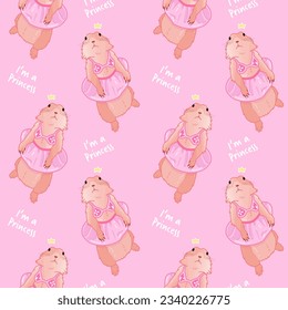 Vector seamless pattern, illustration, Kawaii prairie dog, princess with dress, skirt and crown. Pink, cute girl design, flat drawign. Queen animal