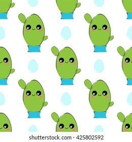 Vector seamless pattern. Illustration of kawaii smiling cactuses with cute muzzles and rain drops, morning dew, water drops. Colorful, festive, bright design, flat simple style