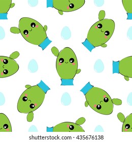 Vector seamless pattern. Illustration of kawaii smiling cactuses with cute muzzles and rain drops, morning dew, water drops. Colorful, festive, bright design, flat simple style
