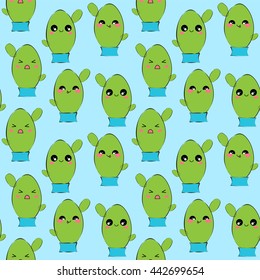 Vector seamless pattern. Illustration of kawaii smiling cactuses with cute muzzles and rain drops, morning dew, water drops. Colorful, festive, bright design, flat simple style 