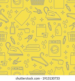 Vector Seamless pattern Illustration Laundry Cleaning service Washing machine, laundry basket, detergents, iron, clothespins, hanger, linen. Domestic household chores Laundromat tasks Design for print