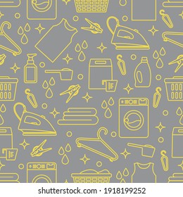 Vector Seamless pattern Illustration Laundry Cleaning service Washing machine, laundry basket, detergents, iron, clothespins, hanger, linen. Domestic household chores Laundromat tasks Design for print