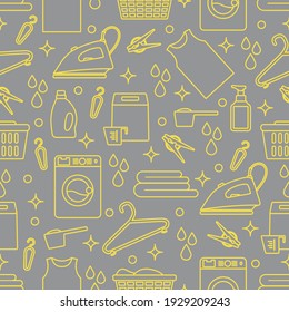 Vector Seamless pattern Illustration Laundry Cleaning service Washing machine, laundry basket, detergents, iron, clothespins, hanger, linen. Domestic household chores Laundromat tasks Design for print