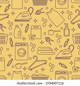 Vector Seamless pattern Illustration Laundry Cleaning service Washing machine, laundry basket, detergents, iron, clothespins, hanger, linen. Domestic household chores Laundromat tasks Design for print