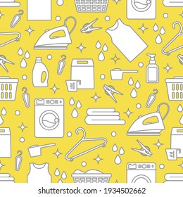 Vector Seamless pattern Illustration Laundry Cleaning service Washing machine, laundry basket, detergents, iron, clothespins, hanger, linen. Domestic household chores Laundromat tasks Design for print