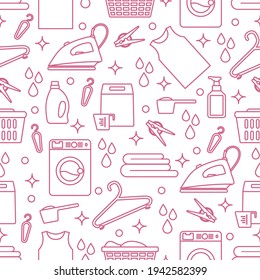 Vector Seamless pattern Illustration Laundry Cleaning service Washing machine, laundry basket, detergents, iron, clothespins, hanger, linen. Domestic household chores Laundromat tasks Design for print