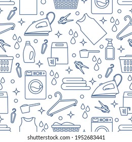 Vector Seamless pattern Illustration Laundry Cleaning service Washing machine, laundry basket, detergents, iron, clothespins, hanger, linen. Domestic household chores Laundromat tasks Design for print