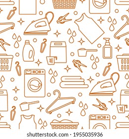 Vector Seamless pattern Illustration Laundry Cleaning service Washing machine, laundry basket, detergents, iron, clothespins, hanger, linen. Domestic household chores Laundromat tasks Design for print