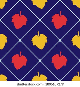 Vector seamless pattern. Illustration with leaves and grid on background. Great for use as an additional design. For decorating thematic banners, cards, prints, textiles, fabric, more creatives ideas.