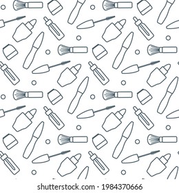 Vector seamless pattern Illustration Lipstick Brush Mascara Cream Oil. Decorative Cosmetics, makeup background. Beauty design. Glamour fashion vogue style. Design for textile, wrapping, print