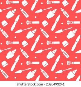 Patrón transparente vectorial Ilustración Pincel de labio Máscara Aceite de crema. Cosméticos decorativos, fondo de maquillaje. Diseño de belleza. Estilo de la moda del glamur. Diseño para textil, envoltura, impresión