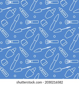Vector seamless pattern Illustration Lipstick Brush Mascara Cream Oil. Decorative Cosmetics, makeup background. Beauty design. Glamour fashion vogue style. Design for textile, wrapping, print