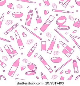 Vector seamless pattern Illustration with lipstick, mirror, lips, brush, pencil. Decorative cosmetics, makeup background. Beauty cosmetic salon. Woman stuff. Girls accessory concept. Glamour fashion
