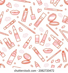 Patrón vectorial sin fisuras Ilustración con lápiz labial, espejo, labios, pincel, lápiz. Cosméticos decorativos, fondo de maquillaje. Salón de belleza cosmética. Cosas de mujeres. Concepto de accesorio femenino. Moda de glamour