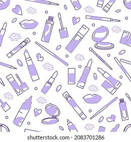 Vector seamless pattern Illustration with lipstick, mirror, lips, brush, pencil. Decorative cosmetics, makeup background. Beauty cosmetic salon. Woman stuff. Girls accessory concept. Glamour fashion