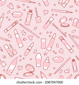 Vector seamless pattern Illustration with lipstick, mirror, lips, brush, pencil. Decorative cosmetics, makeup background. Beauty cosmetic salon. Woman stuff. Girls accessory concept. Glamour fashion
