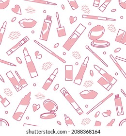 Vector seamless pattern Illustration with lipstick, mirror, lips, brush, pencil. Decorative cosmetics, makeup background. Beauty cosmetic salon. Woman stuff. Girls accessory concept. Glamour fashion
