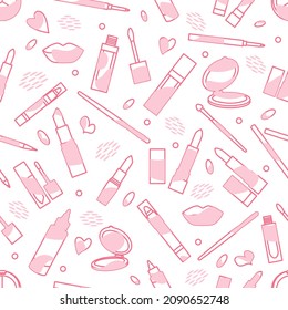 Patrón vectorial sin fisuras Ilustración con lápiz labial, espejo, labios, pincel, lápiz. Cosméticos decorativos, fondo de maquillaje. Salón de belleza cosmética. Cosas de mujeres. Concepto de accesorio femenino. Moda de glamour