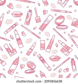 Vector seamless pattern Illustration with lipstick, mirror, lips, brush, pencil. Decorative cosmetics, makeup background. Beauty cosmetic salon. Woman stuff. Girls accessory concept. Glamour fashion