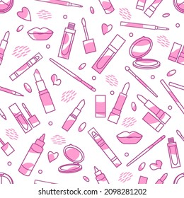 Vector seamless pattern Illustration with lipstick, mirror, lips, brush, pencil. Decorative cosmetics, makeup background. Beauty cosmetic salon. Woman stuff. Girls accessory concept. Glamour fashion