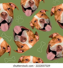 Patrón veloz. Ilustración de la cara de boquilla de perro poligol bajo aislado en el fondo verde. Pitbull terrier rodeado de garras y huesos de linea blanca. Veterinario, tienda, impresión, concepto textil.