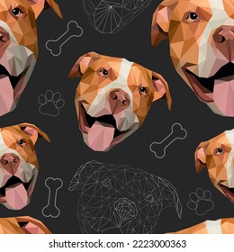 Vector seamless pattern. Illustration of low poly polygoal dog muzzle face isolated on black background. Pitbull terrier surrounded by white line paws and bones. Veterinary,shop,print,textile concept.