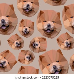 Vector seamless pattern. Illustration of low poly polygonal dog chow-chow breed muzzle face. Brown beige puppy isolated on light background.