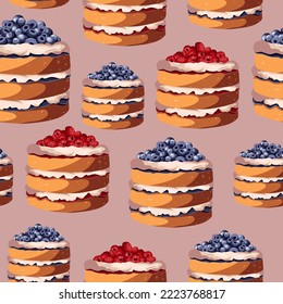 Vector seamless pattern. Illustration of many pastry cakes with cream, blueberry and raspberry on pink. Bakery, pastry, baking product, confectionery, print, textile concept.