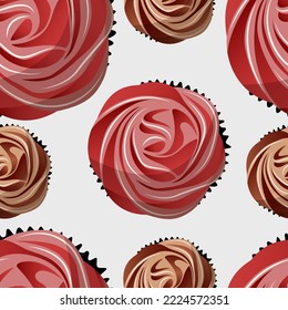 Vector seamless pattern. Illustration of many pastry cupcakes with cream isolated on white. View from above. Bakery, pastry, baking product, confectionery, print, textile concept.