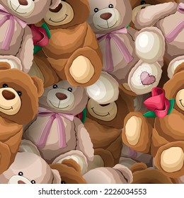 Vector seamless pattern. Illustration of many plush Teddy bears. Happy Valentine's day, children, kids, shop, print, textile concept.