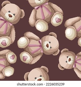 Patrón veloz. Ilustración de muchos osos de peluche de Teddy aislados en la oscuridad. Feliz Día de San Valentín, niños, niños, tienda, impresión, concepto textil.