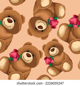 Vector seamless pattern. Illustration of many plush Teddy bears with rose in theirs paws isolated on beige. Happy Valentine's day, children, kids, shop, print, textile concept.