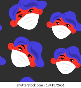 Vector seamless pattern, illustration. Masked people on a black background.