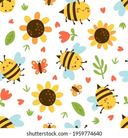 vector seamless pattern with illustration od bees, sunflowers, butterflies, repeat for children textile