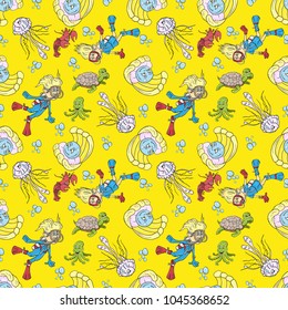 vector seamless pattern illustration on isolated background of a boy and girl wearing scuba gear among water animals turtle, crab, octopus, jellyfish, yellow background