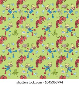 vector seamless pattern illustration on isolated background of a boy and girl wearing scuba gear among water animals turtle, crab, octopus, jellyfish, green background