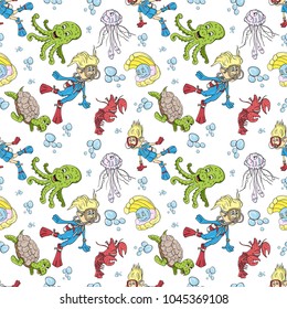 vector seamless pattern illustration on isolated background of a boy and girl wearing scuba gear among water animals turtle, crab, octopus, jellyfish, white background