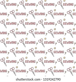 Vector seamless pattern illustration on the theme of sewing with the image of scissors a button magic wand inscription on a white and pink color