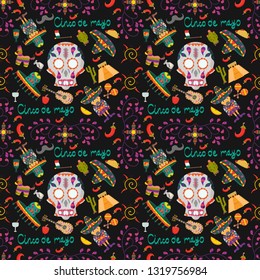 vector seamless pattern illustration on Cinco de mayo celebration theme in flat style, Mexican signs and symbols, folk traditions, for decoration and design