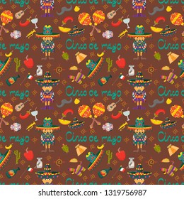 vector seamless pattern illustration on Cinco de mayo celebration theme in flat style, Mexican signs and symbols, folk traditions, for decoration and design