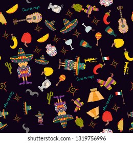 vector seamless pattern illustration on Cinco de mayo celebration theme in flat style, Mexican signs and symbols, folk traditions, for decoration and design