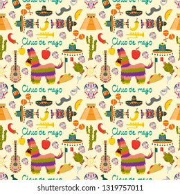 vector seamless pattern illustration on Cinco de mayo celebration theme in flat style, Mexican signs and symbols, folk traditions, for decoration and design