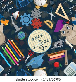 vector seamless pattern illustration on school theme, international literacy day, back to school, flat style EPS 10