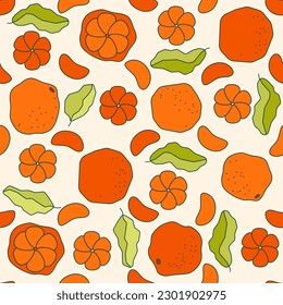 Vector seamless pattern illustration with orange citrus fruit, slice and leaf. Mandarin or clementine exotic fruit. Sweet background with orange.