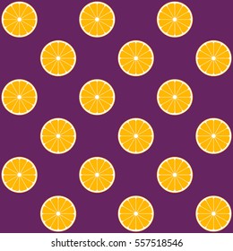 Vector seamless pattern illustration with orange slices on purple background.This template with this design can be used as a template for the design in the fashion industry, wallpaper, wrapping paper.