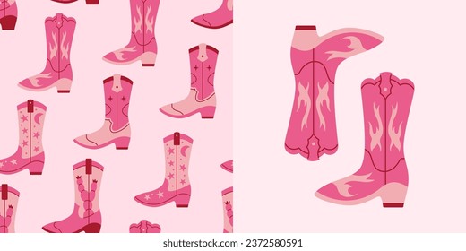 Vector seamless pattern and illustration with pink retro cowgirl boots. Y2k background and card with pink cowboy fashion boots. Vintage western design.