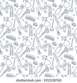 Vector Seamless pattern Illustration Professional hairdresser tools Barbershop Beauty Hairdressing salon Glamour fashion vogue style Comb, hair straighteners, curling tongs, scissors Design for print