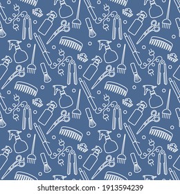 Vector Seamless pattern Illustration Professional hairdresser tools Barbershop Beauty Hairdressing salon Glamour fashion vogue style Comb, hair straighteners, curling tongs, scissors Design for print