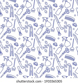 Vector Seamless pattern Illustration Professional hairdresser tools Barbershop Beauty Hairdressing salon Glamour fashion vogue style Comb, hair straighteners, curling tongs, scissors Design for print