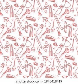 Vector Seamless pattern Illustration Professional hairdresser tools Barbershop Beauty Hairdressing salon Glamour fashion vogue style Comb, hair straighteners, curling tongs, scissors Design for print